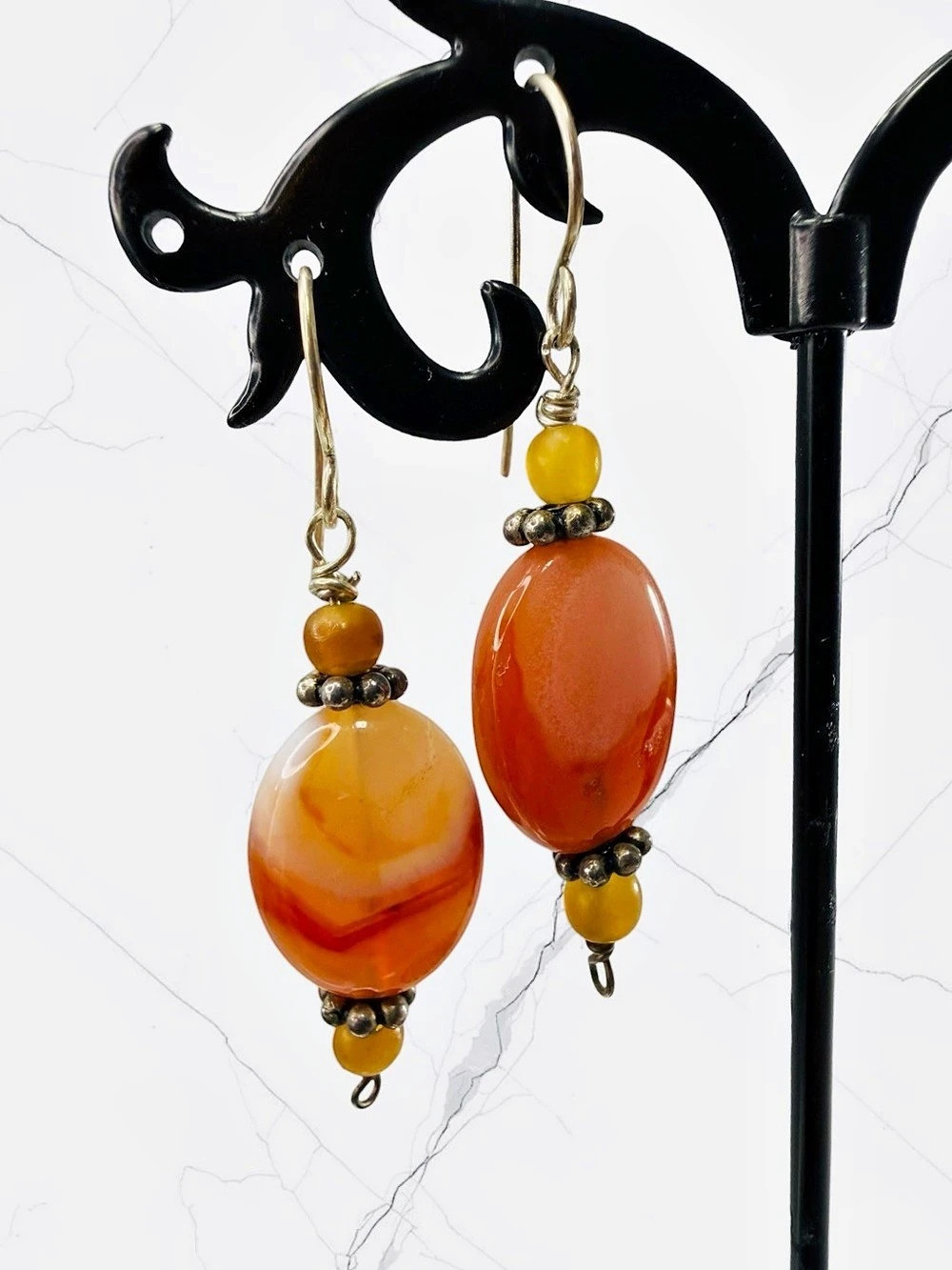 Sterling Silver Carnelian Dangle Drop Earrings Orange Yellow White Beaded Hook
